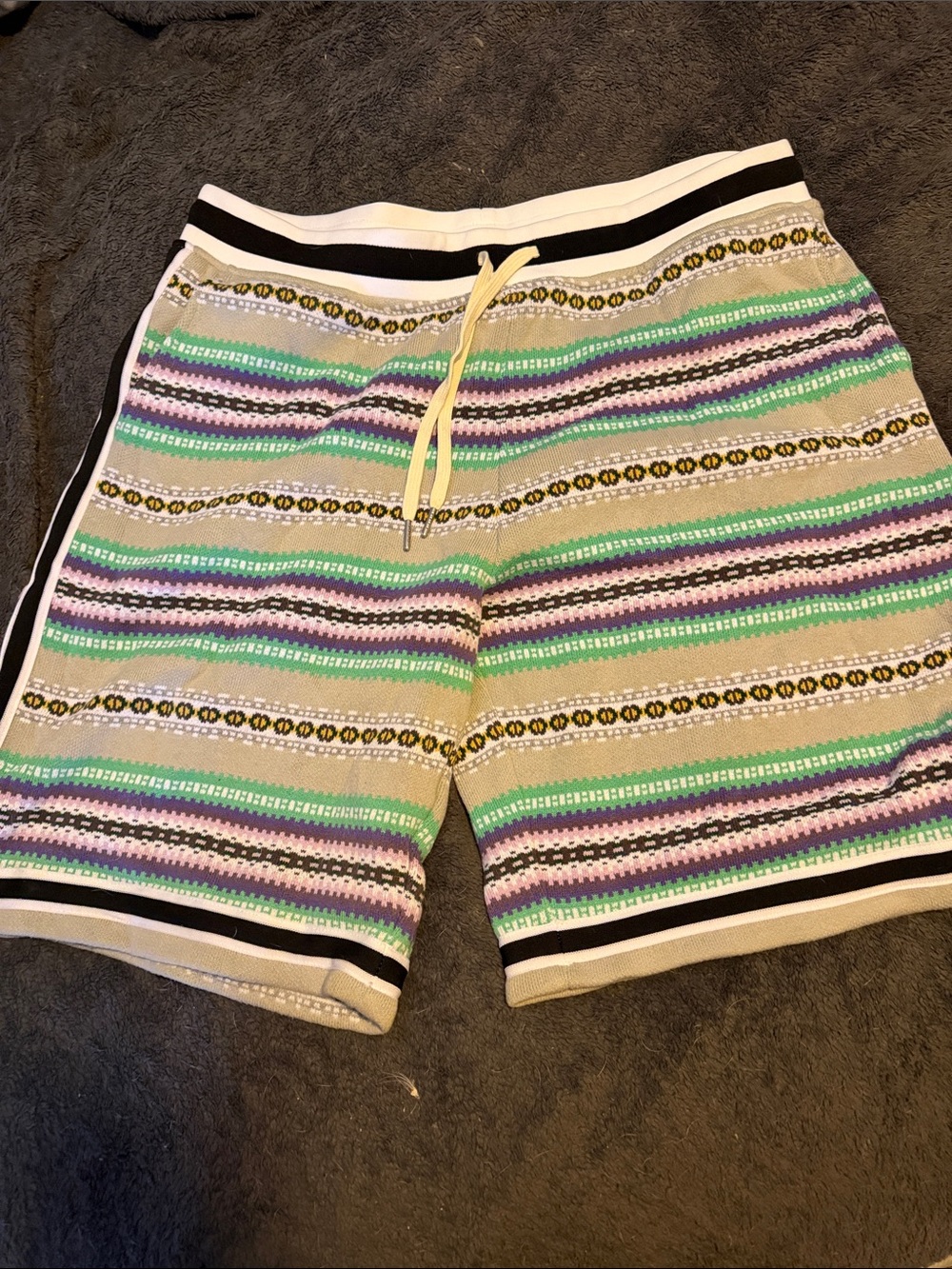 John Elliott Striped Knit Drawstring Shorts - Beige, Green & Purple